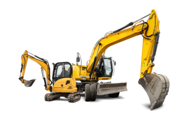 Two types of heavy equipment are available for rent: a large excavator and a mini excavator, suitable for construction and excavation work. Isolated background.