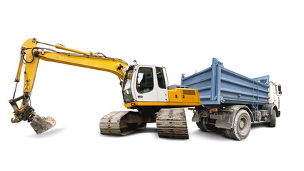 Two types of heavy equipment are available for rent: a large excavator and a mini excavator, suitable for construction and excavation work. Isolated background.