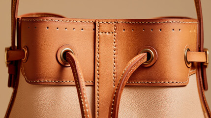 Stylish leather handbag with tan accents features functional drawstring closure and elegant design Generative AI
