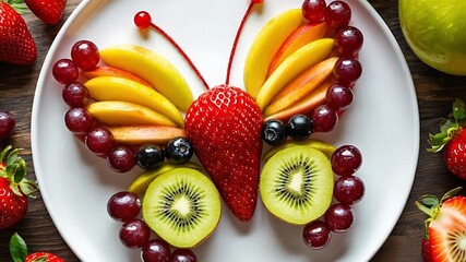 A colorful butterfly made of various fruits arranged on a white plate. The design includes strawberries, kiwis, grapes, and mango slices. - Powered by Adobe