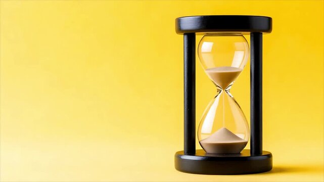 A black hourglass with sand flowing between two chambers on a bright yellow background. The hourglass symbolizes the passage of time and time management.