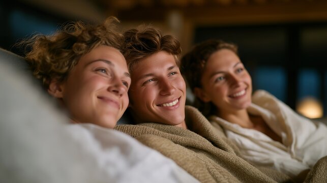 Family relaxing in a cozy insulated home during winter, emotion of warmth and happiness visible, symbolizing effective home energy management, comfort living, and eco-friendly renovation success.