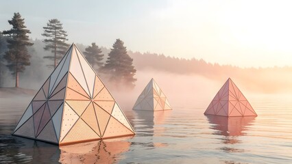 Dreamy geometric pyramids floating on serene lake at sunrise, creating a mystical and modern landscape with ethereal fog and pastel colors, perfect for zen designs