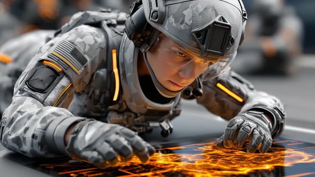 Modern Soldier in Intense Action: A focused soldier, geared in advanced combat armor, intensely engaged in a tactical scenario, their gaze fixed on the glowing interface.