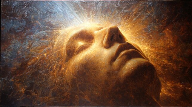 Surreal portrait of human face illuminated by cosmic light, spiritual awakening and enlightenment concept, mystical energy art
