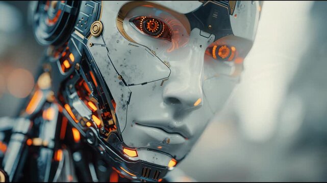 Close-up of a Futuristic Android Face with Glowing Orange Cybernetic Details and Artificial Intelligence Eye