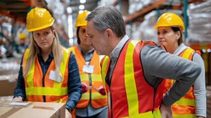 Team examining package in Warehouse: A diligent team of warehouse workers, donned in safety attire, engages in a thorough inspection of a package amidst the organized chaos of the storage facility. - Powered by Adobe