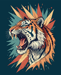 Fierce Roaring Tiger Head with Explosive Geometric Splashes on Navy Background.