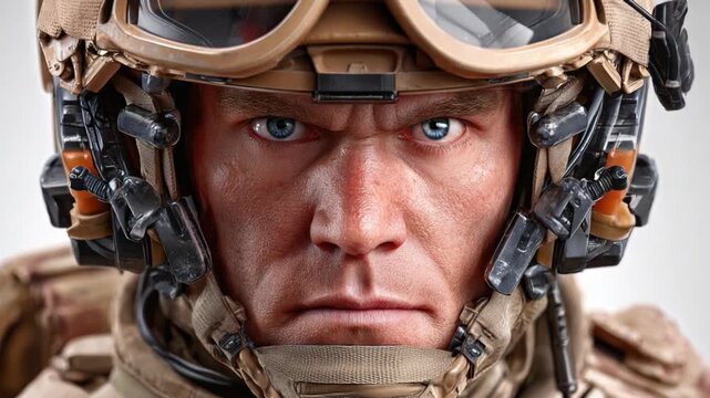 Focused Defender: A close-up view of a soldier with an intense, determined gaze, fully geared in tactical equipment, symbolizing courage, resilience, and unwavering focus.