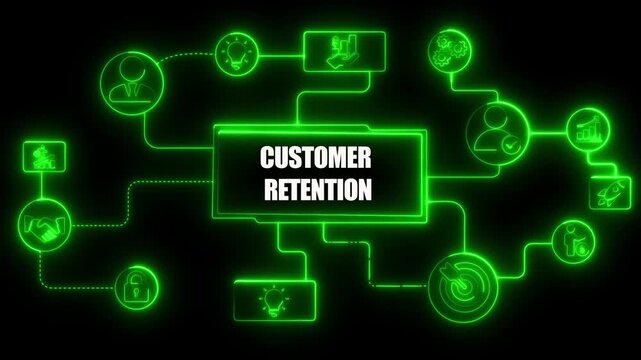 Customer Retention Neon Network Diagram with Business Icons image photo - Powered by Adobe