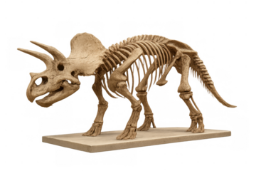 Triceratops skeleton exhibiting prehistoric dinosaur fossil remains on display, representing extinction and paleontology science