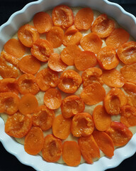 Raw cake batter topped with fresh apricot halves neatly arranged in white baking dish before baking.