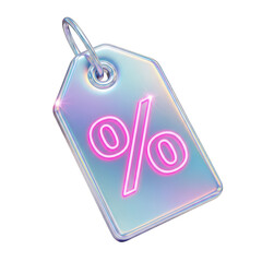 Iridescent tag with a glowing pink percentage sign isolated on transparent background