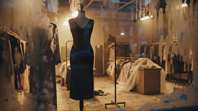 Abandoned clothing store with mannequins in dusty window display for horror concept footage