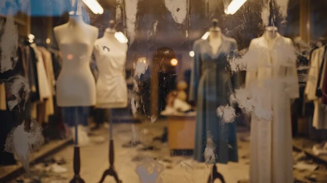 Display window of an abandoned clothing store with dirty glass and mannequins inside. Spooky old fashion shop for horror footage.