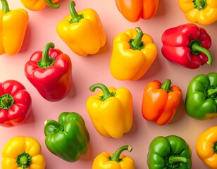 핑크 배경 위에 놓인 다채로운 파프리카의 생동감 있는 상단 구도 사진 A vibrant top-down photo of colorful paprika placed on a pink background.
