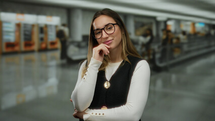 Young woman smiling confidently in an airport terminal with blurred travelers and modern interior creating a professional and lively atmosphere.