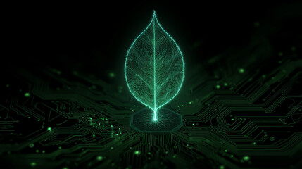 digital ai leaf symbol glowing on dark green background, sustainable innovation theme