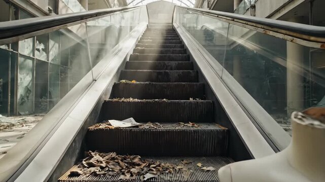 Desolate escalator in an abandoned mall with broken mannequin and shattered glass representing urban decay, horror concept footage