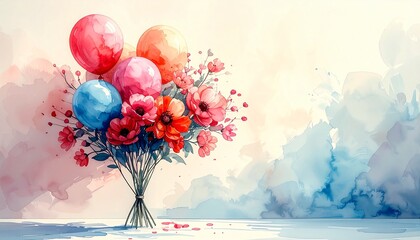 Watercolor painting  A balloon and flower bouquet floating against a soft, gentle pastel-toned sky background