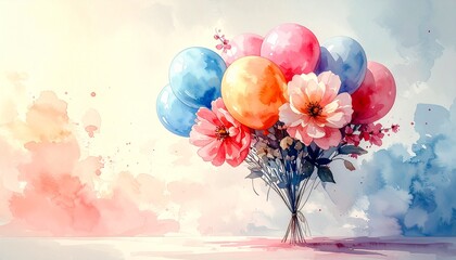 Watercolor painting  A balloon and flower bouquet floating against a soft, gentle pastel-toned sky background
