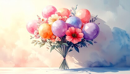 Watercolor painting  A balloon and flower bouquet floating against a soft, gentle pastel-toned sky background