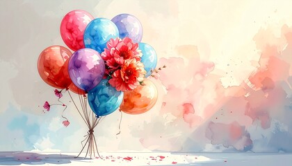 Watercolor painting  A balloon and flower bouquet floating against a soft, gentle pastel-toned sky background