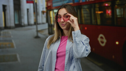 Fototapeta premium Young woman in pink shirt and sunglasses smiles on city street with background of red bus and buildings showing a lively urban outdoor atmosphere.