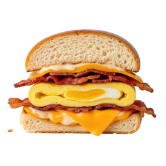 Delicious breakfast sandwich with egg, bacon, and cheese isolated on transparent background