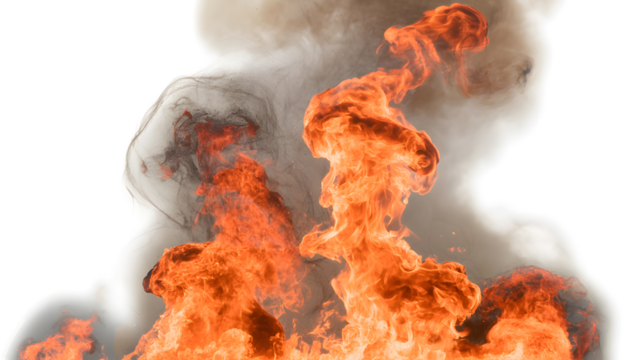 Realistic blazing fire with thick dark smoke, hot explosion flames, burning heat and energy background for emergency, danger, or disaster concepts.