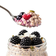 Overnight oats with berries and seeds isolated on transparent background