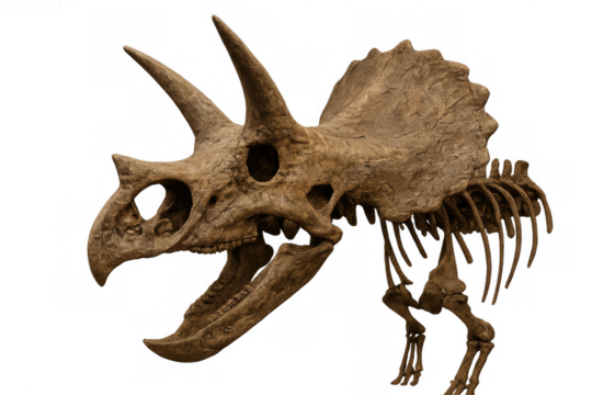 Triceratops dinosaur skeleton fossil displaying prehistoric paleontology and extinction on transparent background