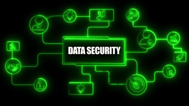 Glowing Neon Data Security Network Diagram with Icons on Black Background image photo - Powered by Adobe