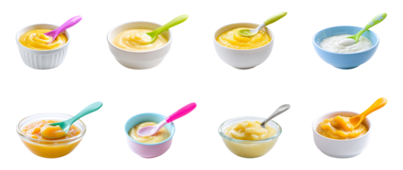 Healthy baby food with spoon in bowl isolated.