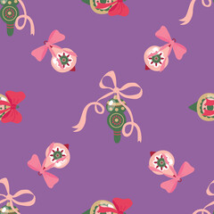 Seamless Pattern of Christmas Baubles with Ribbons