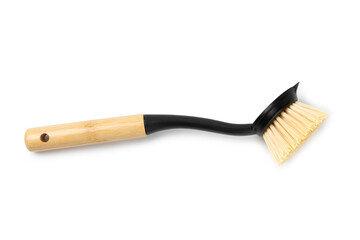 Bamboo cleaning brush isolated on white background. Eco-friendly cleaning products on white background. Cleaner concept. Cleaning supplies. Plastic-free items. Cleaning brush with wooden handle