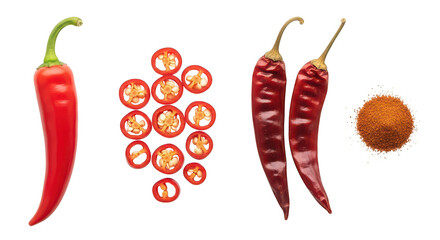 Red chili peppers in various forms isolated on transparent background