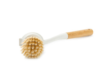 Bamboo cleaning brush isolated on white background. Eco-friendly cleaning products on white background. Cleaner concept. Cleaning supplies. Plastic-free items. Cleaning brush with wooden handle