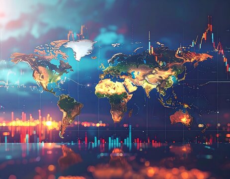 Blurred world map with economic graph overlays against a cityscape background