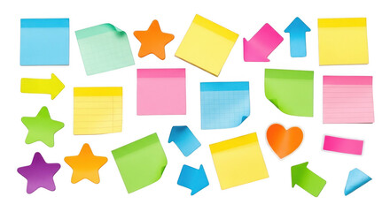 Collection of colorful sticky notes in various shapes isolated on transparent background