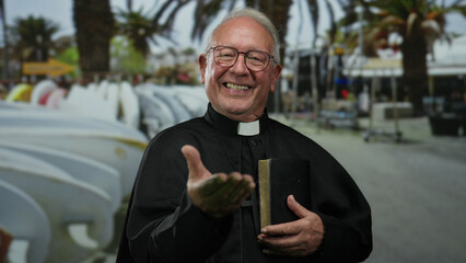 Smiling senior priest holding a book on a seaside promenade with palm trees, conveying warmth and spirituality outdoors.