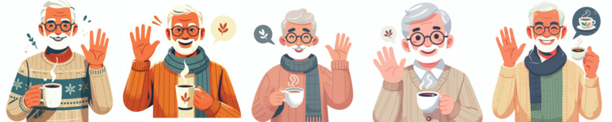 A grandfather greets the morning while carrying coffee.