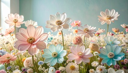 Obraz premium 柔らかな光に透けるガラスの花とマットウォールのフォトリアルスチルライフ ミントとピンクのパステルトーンで描く上品なガラスアート構図 70年代ヴィンテージカラーに映える透明ガラスフラワーのエレガント静物