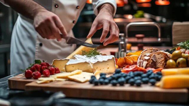 Chef preparing a cheese board with berries, fruit, olives, and bread