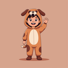 A cheerful child dressed in a charming dog costume waving.