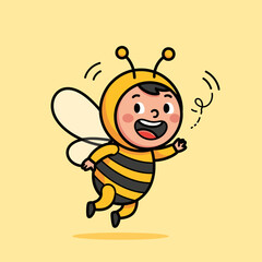 Cartoon Child Dressed as a Bee Flying with Joy.