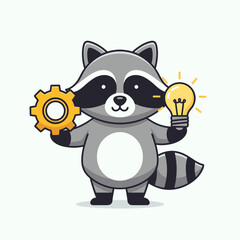 Cartoon Raccoon Holding Gear and Light Bulb.