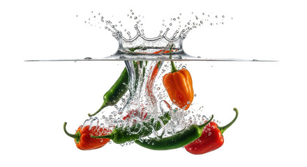 Colorful peppers falling into water isolated on transparent background, creating splash