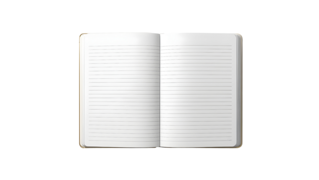 Open, lined notebook, top-down view. Journal with lines to fill in. png, isolated on transparent background, perfect for marketing and design.