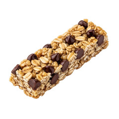 A delicious granola bar with chocolate chips isolated on transparent background